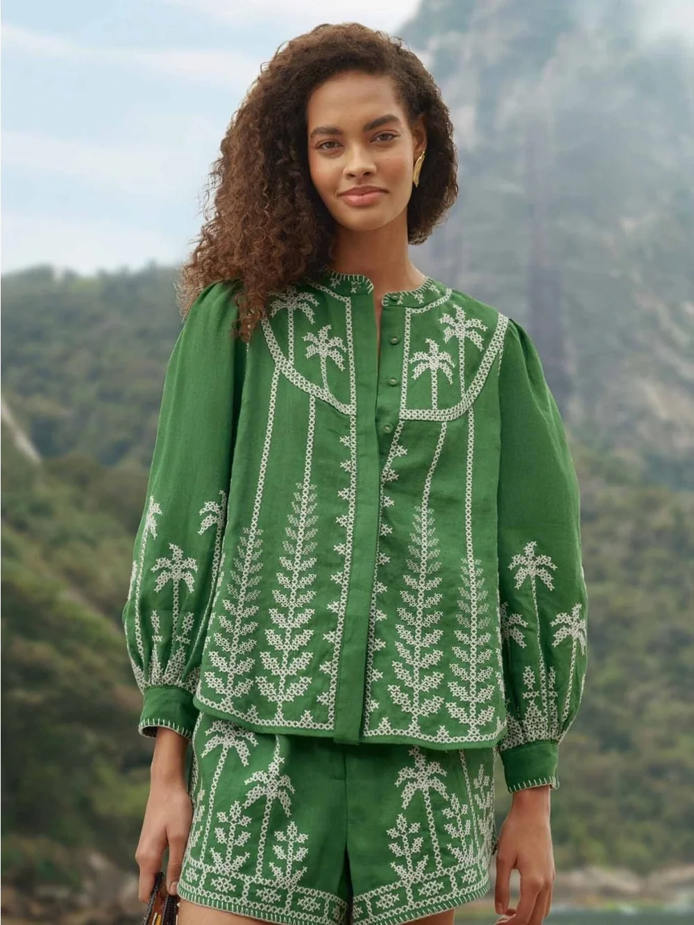 FARM Rio Bicolor Cross Stich Embroidery Blouse Long Sleeve Green XS NWT